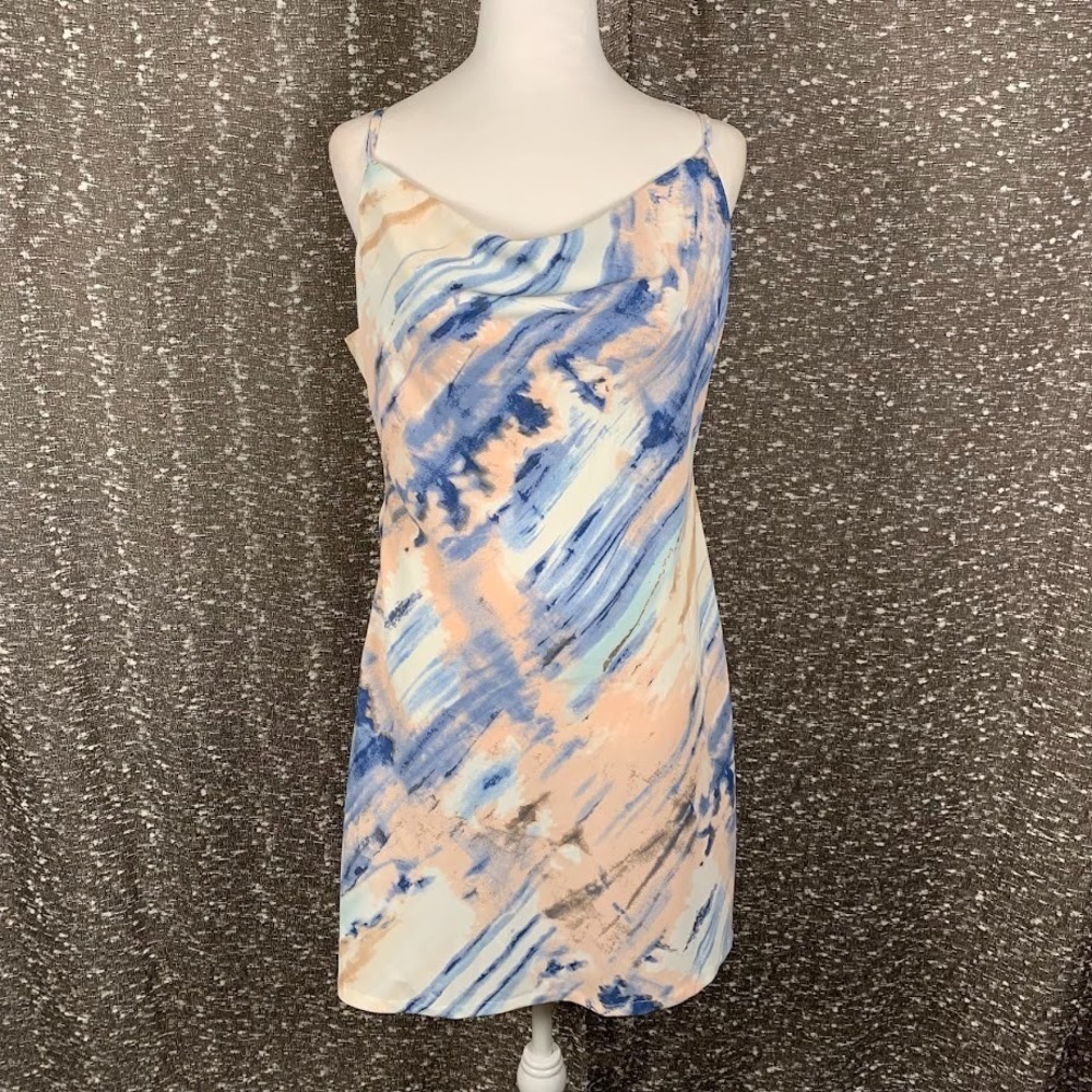 Halfisland Mini Cowl Neck Dress Blue/Peach Marble Print Women's Large